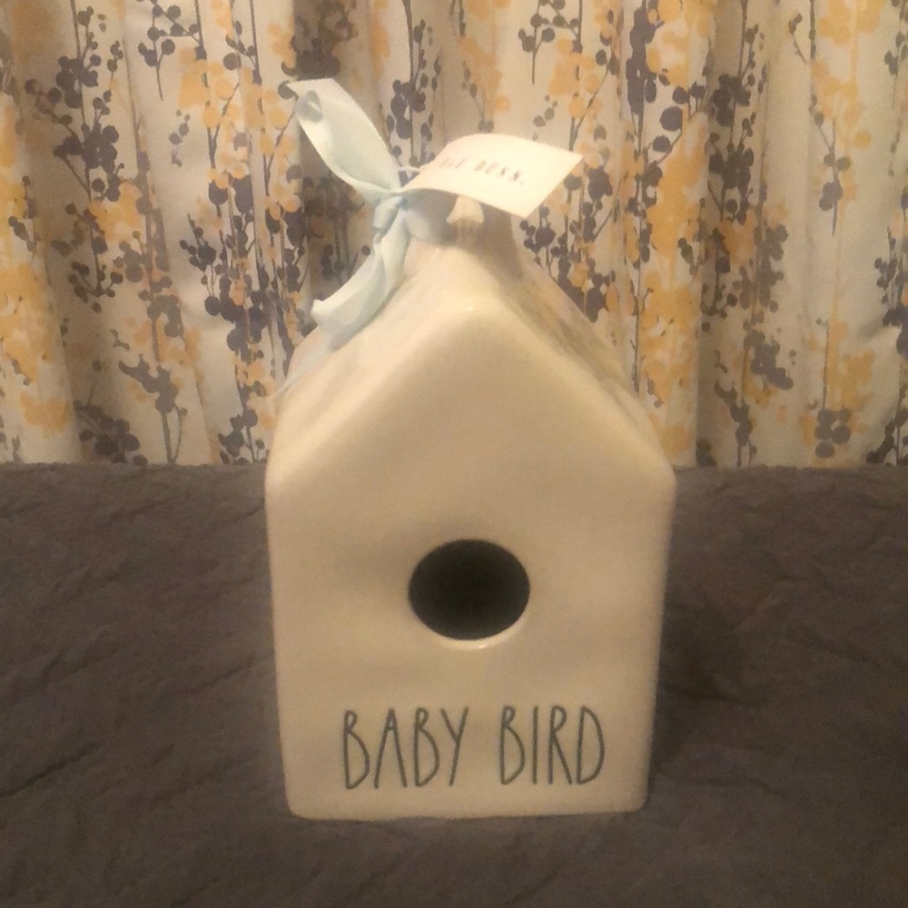 Rae Dunn Ceramic Mama & Baby Bird Houses with Blue & Pink Bows and Bird Drawings